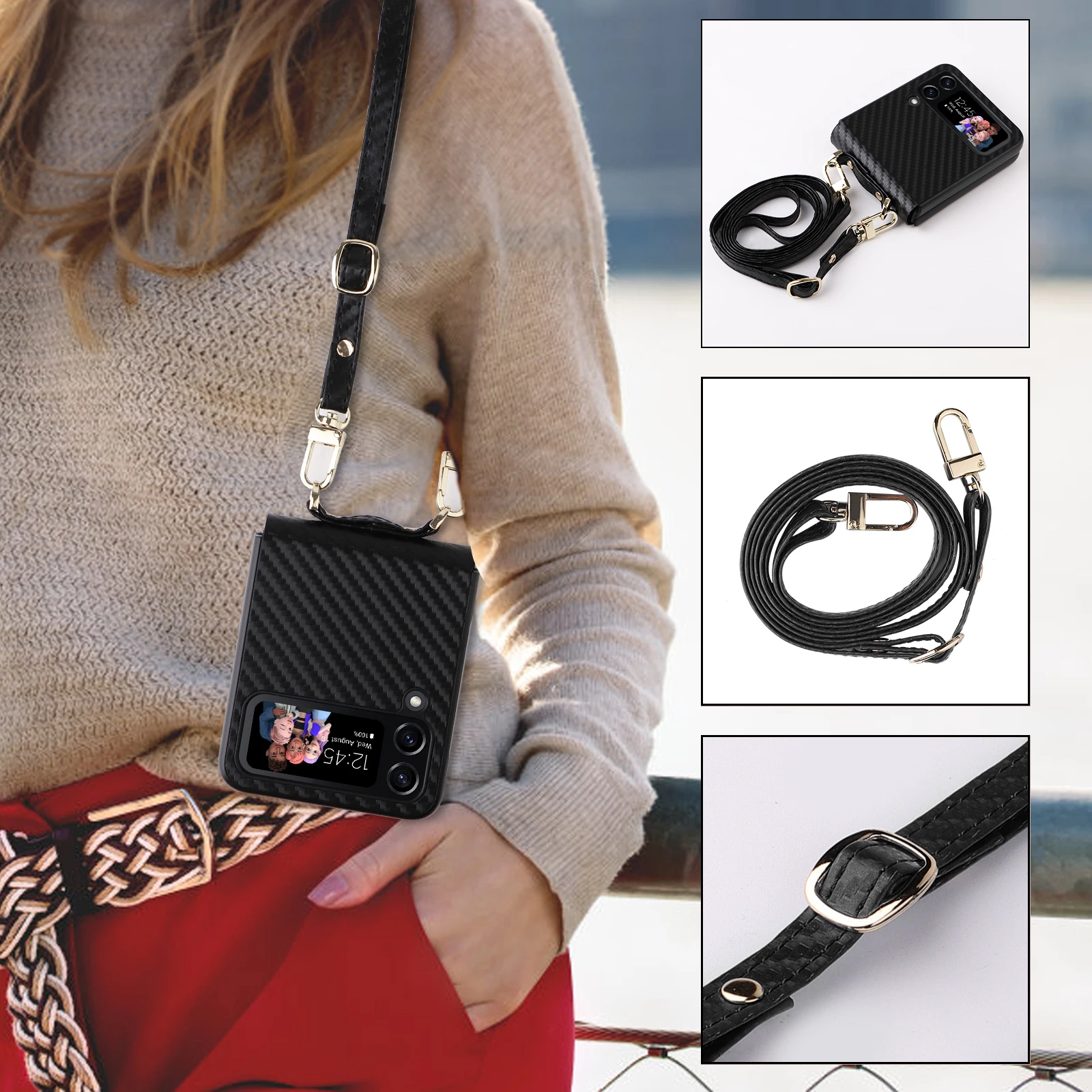 Lanyard Carbon Fiber PC Case Cover For Samsung Galaxy Z Flip 3 4 Flip Phone Cover For Samsung Z Flip3 Flip4 ZFlip3 ZFlip4 Case