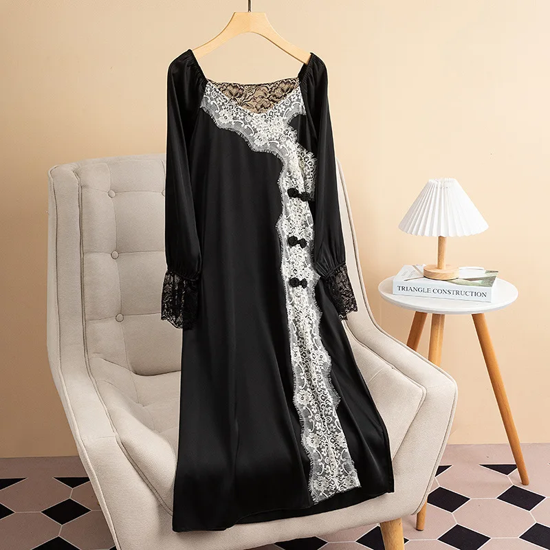 

Black Lace Nightdress Patchwork Decorative Nightgown Sexy V-neck Long-sleeved Loose Casual Home Clothes Summer Satin Sleepwear