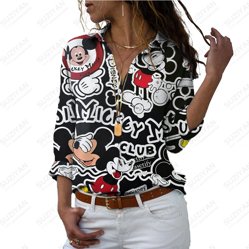 

Hot Selling New Disney Mickey Mouse Print Long Sleeve Casual Street Shirt Cute Elegant Spring Autumn Print Shirt Loose Fit Shirt