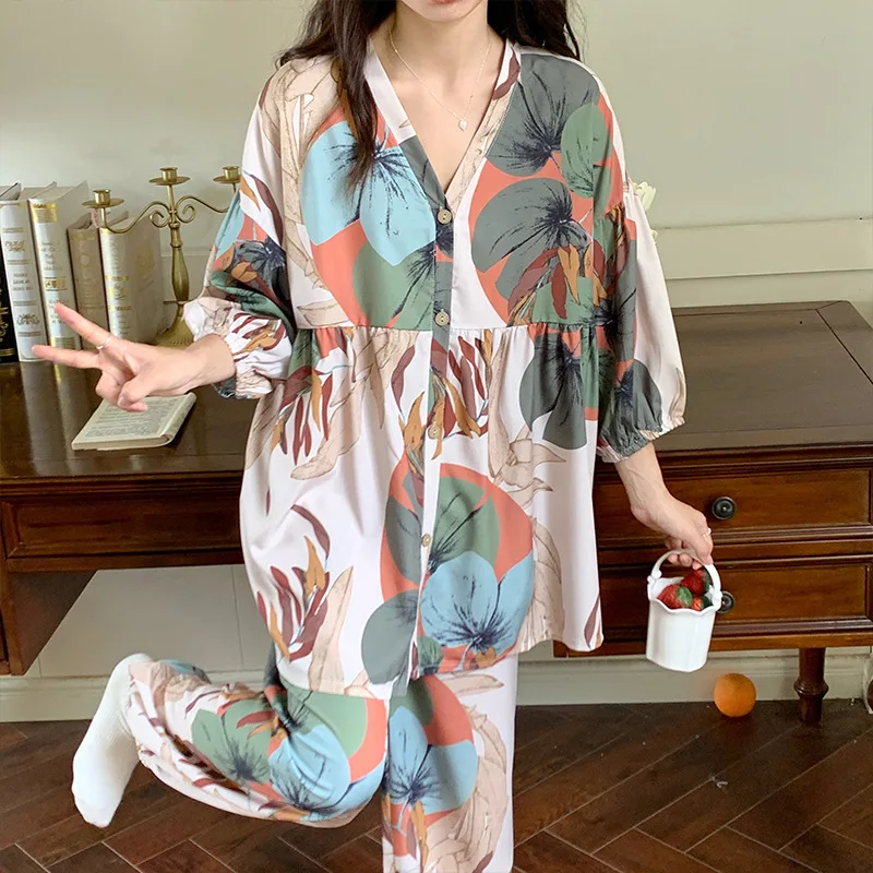 Fat Girl Summer Pajamas New Cotton Silk Air-conditioning Clothes Female Large Size Korean Long Pants Two-piece Home Wear Suits