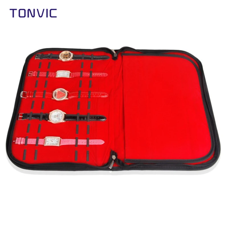 Multifunction Portable Watch Strap Organizer Leather And Flannel Watch Travel Case Pouch Black Red T1301 Wholesale