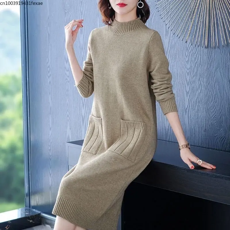 

Autumn Winter Dress Long Sleeve Women's Sweater Dress Loose Knitted Vestidos Mujer Solid Korean Pocket Turtleneck