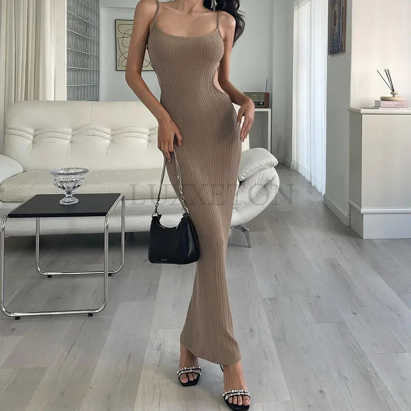 Summer Knitted Slip Dress Women Ladies Temperament Leisure Vertical Stripe Sleeveless V-neck Backless Split Long Dress