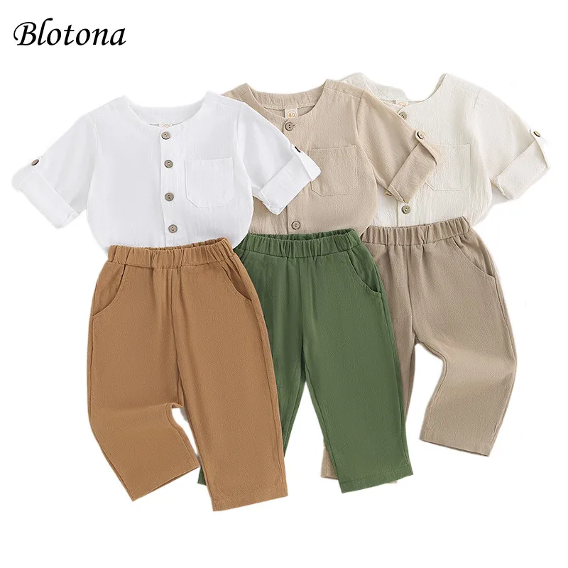 

Blotona Kids Boys Summer Fall 2Pcs Outfits Solid Color Buttons Short Sleeve Shirts and Elastic Waist Long Pants Set 6M-4Y