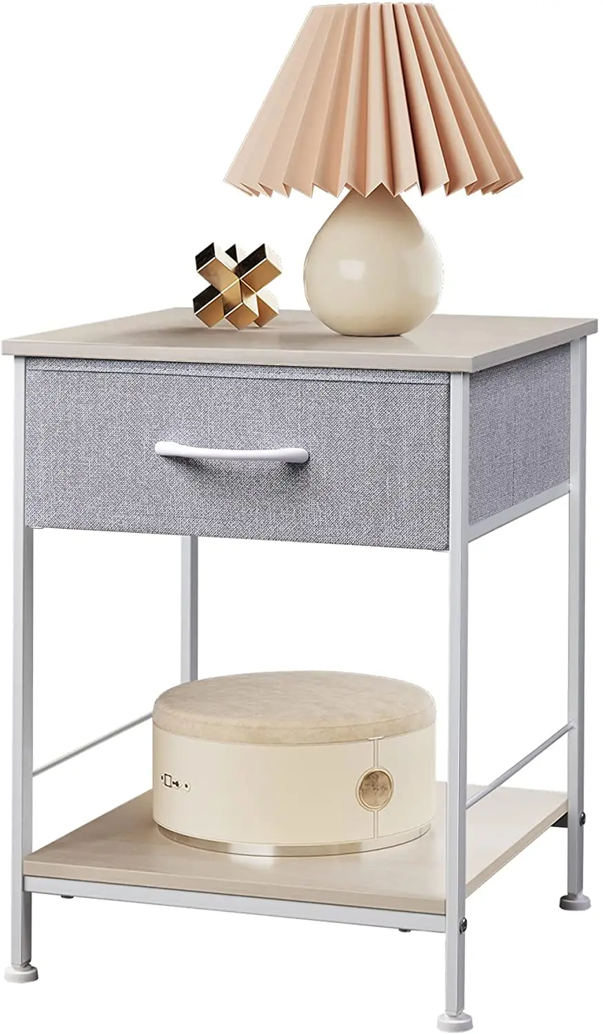 

31 тумбочка, прикроватный столик с ящиком для хранения ткани и открытой деревянной полкой, прикроватная мебель со стальной рамой
