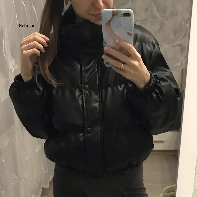 

Winter Thick Warm Short Parkas Women Fashion Black PU Leather Coats Ladies Elegant Zipper Cotton Jackets Female Ouwear