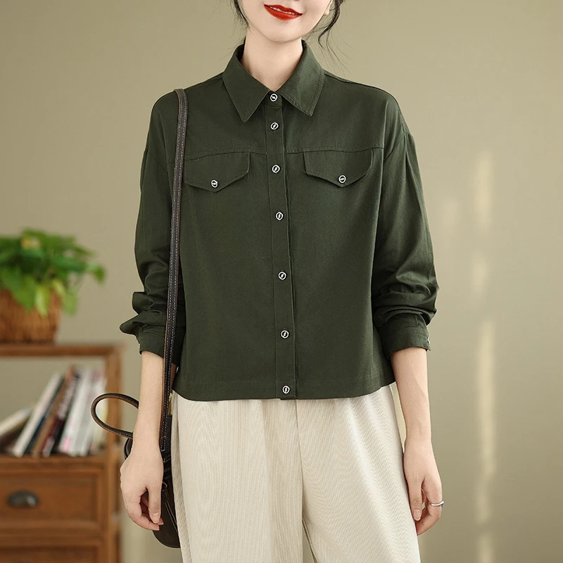 Retro Japan fashion Cargo Short coat Women Spring and Autumn Design Sense Loose All-Match Polo Collar Long sleeve Jacke...