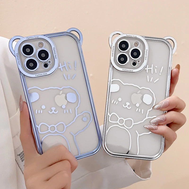 

Cartoon 3D Ear Bear Plating Case For iPhone 11 13 12 14 Pro Max XS XR X 8 7 14 Plus Electroplate Soft Bumper Phone Cover