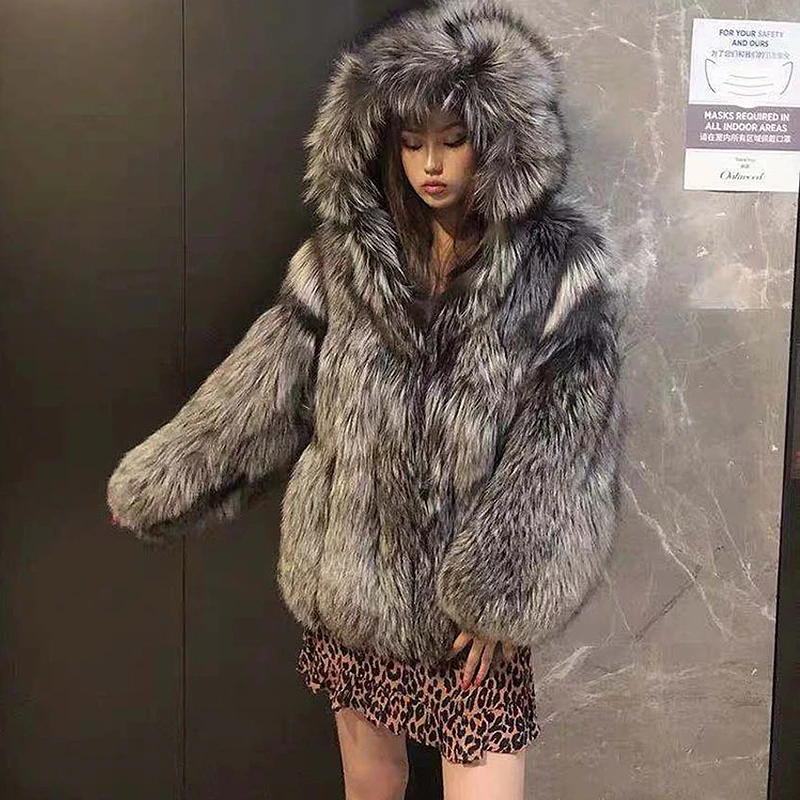 Silver Fox Fur Coat Women 2022 Winter Thick Warm Hooded Faux Fur Jacket High Quality Coats and Jackets Women Fluffy Outerwear