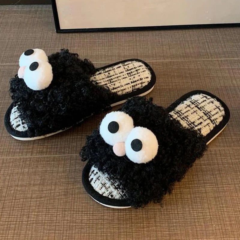 Пушистые меховые тапочки для глаз женские домашние нескользящие милые хлопковые