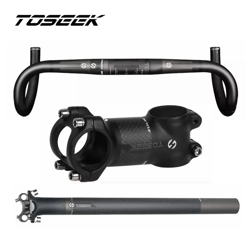 

TOSEEK Bicycle Road Bike Handlebar Sets Carbon Bent Bar Seat Post Stem
