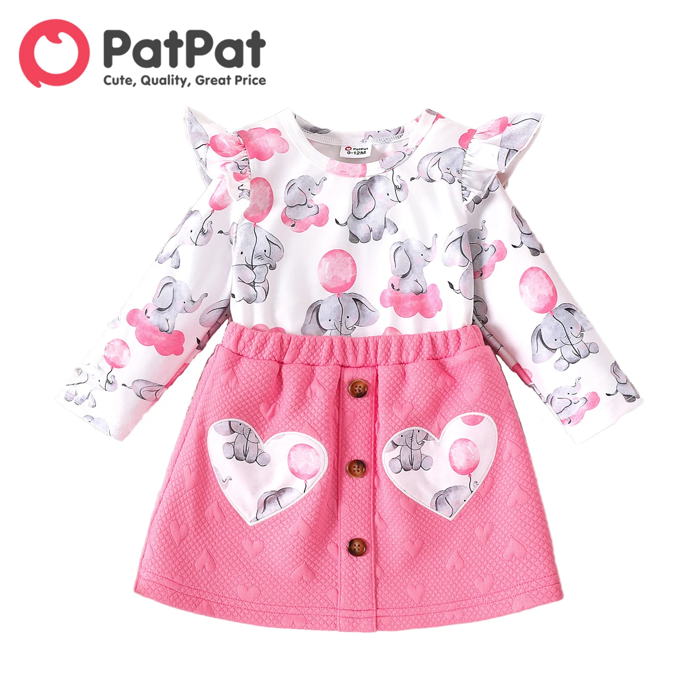 

PatPat Baby Girl Allover Elephant Print Ruffle Long-sleeve Faux-two Dress