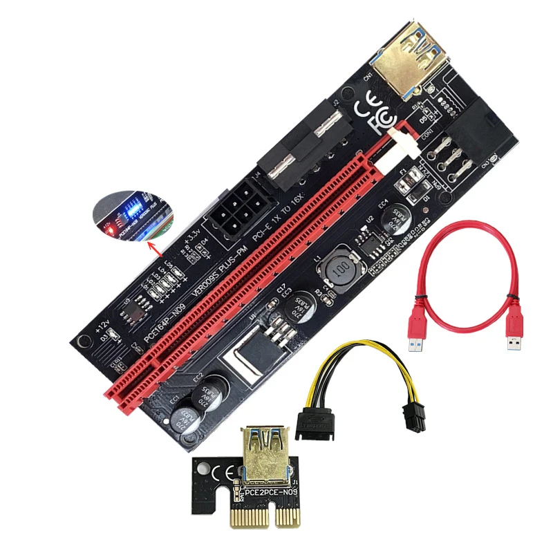 

New VER009 USB 3.0 PCI-E Riser VER 009S Express 1X 4x 8x 16x Extender Riser Adapter Card SATA 15pin to 6 pin Power Cable