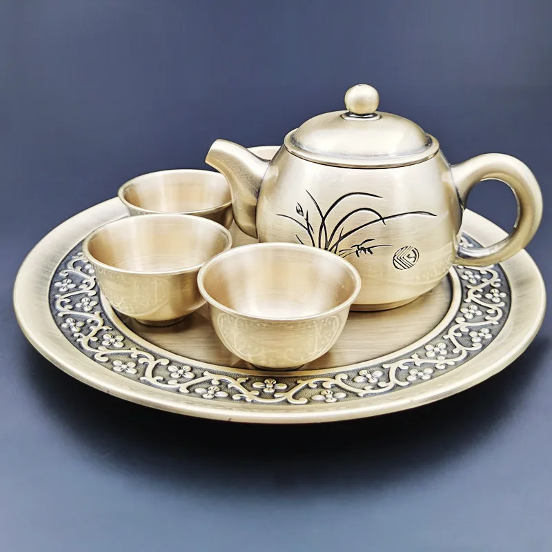 

Tea Set Household Complete Set Office Ancient Kung Fu Tea Tray Tea Cup Metal Gift Golden Home Tea Ceremony Set