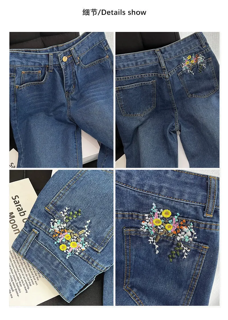 Ladies 2022 Spring/Summer New Hot Sale Retro Blue Washed Pocket Flower Embroidery Straight Jeans Foreign Trade Wholesale