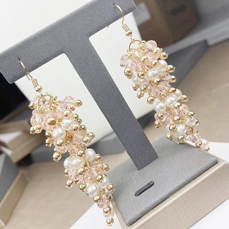 

2022 new type trendy women girls pearl earring gold-color pink crystal white pearl long dangle drop earrings fine quality