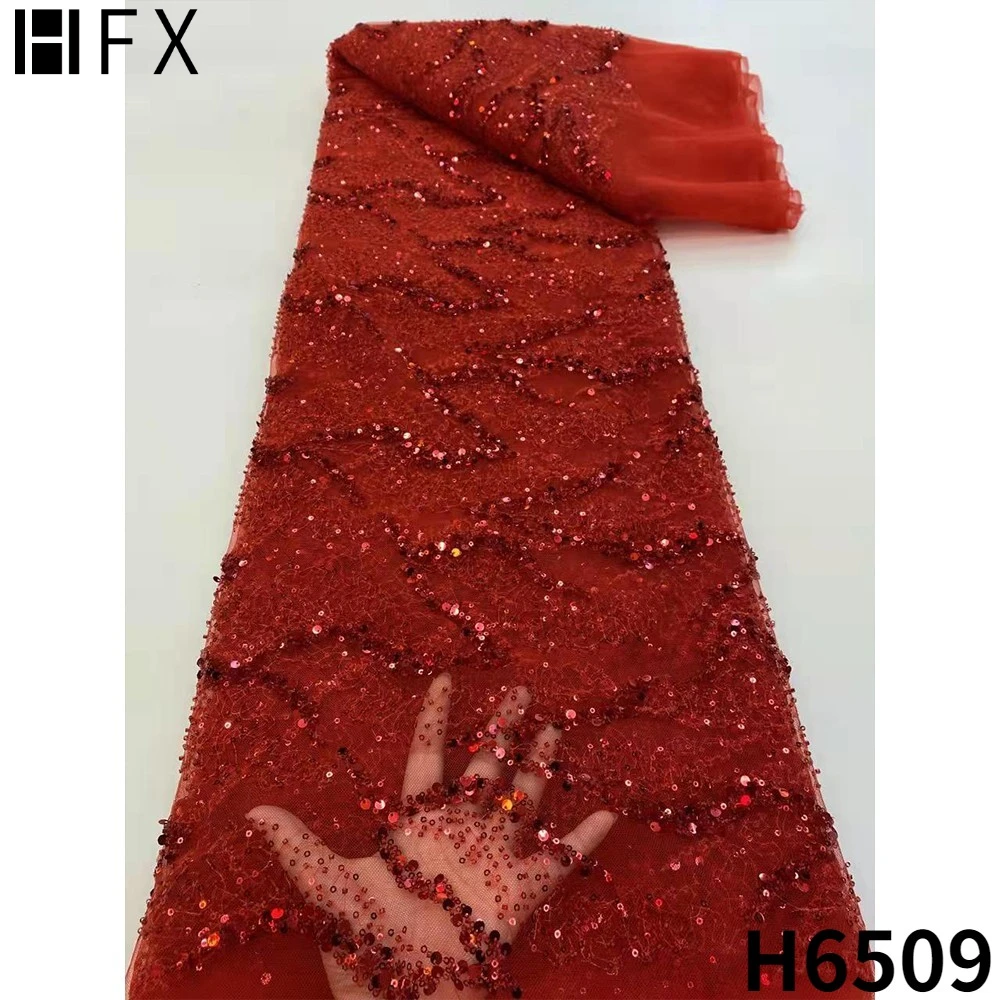 

HFX Red African Sequence Lace Fabric 2022 High Quality 3D French Tulle Embroidery Lace Fabric With Beads For Wedding Dress F6509