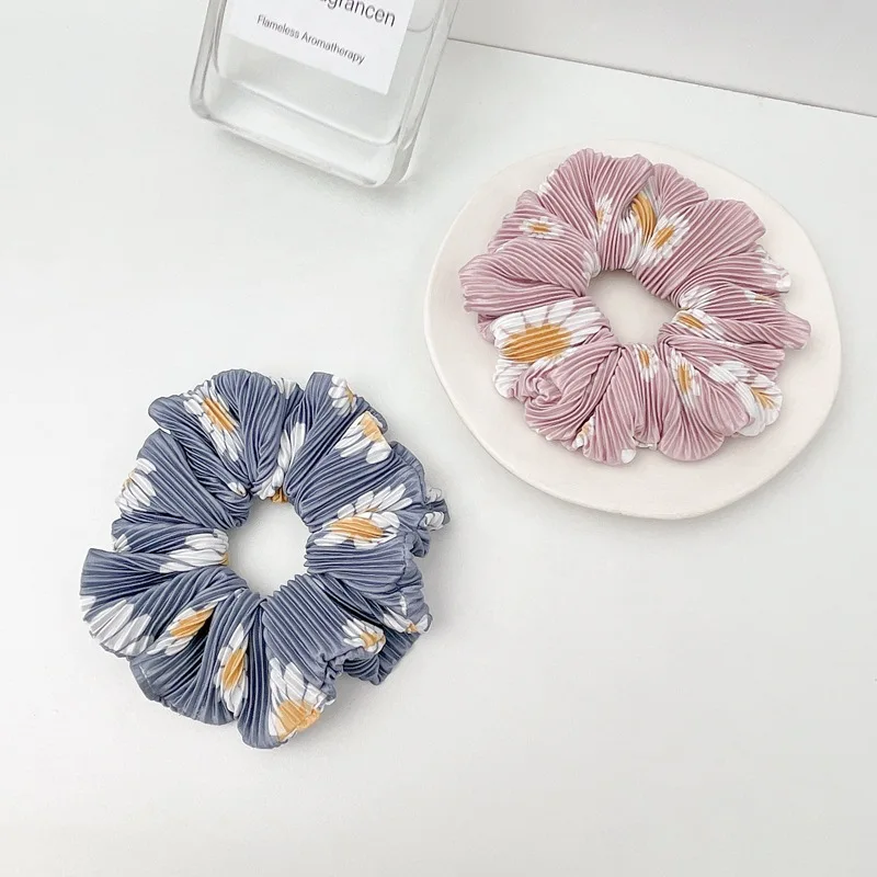 

New Daisy Print Corduroy Stripe Hair Scrunchie Elastic Hair Bands Korean Hair Accessories For Women Ponytail Headwear Hair Tie