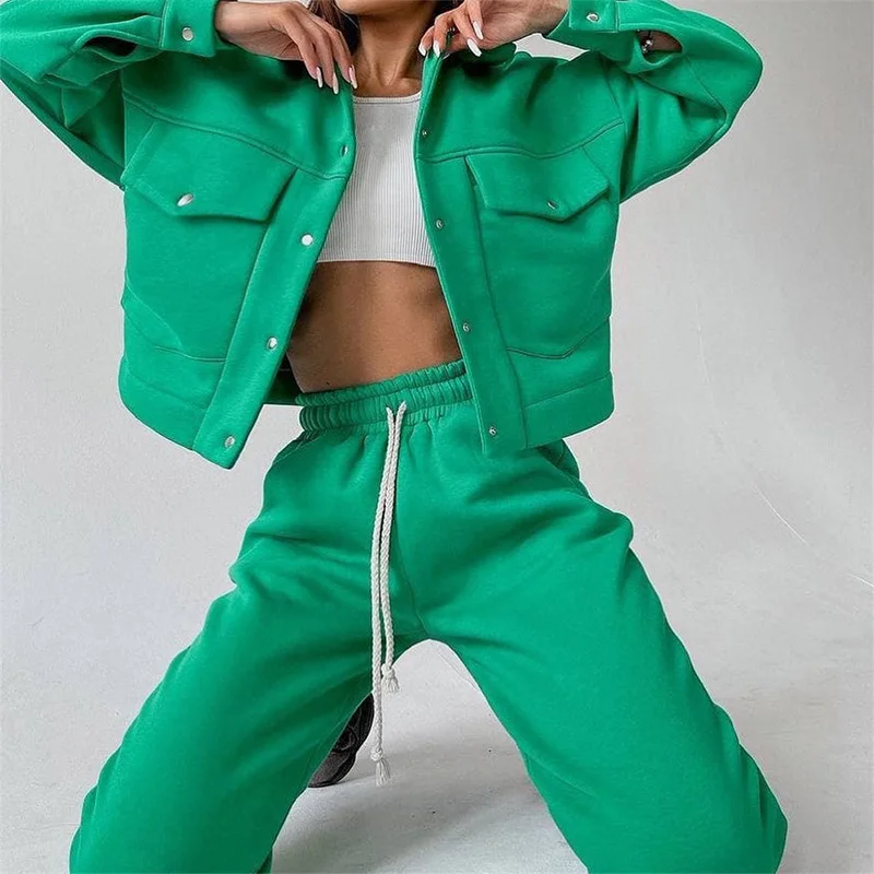 

Jacket Suits For Woman Short Casual Thick Coat Drawstring Pencil Pants 2 piece Set Long Sleeves Ladies Fitness Suit Sportwear