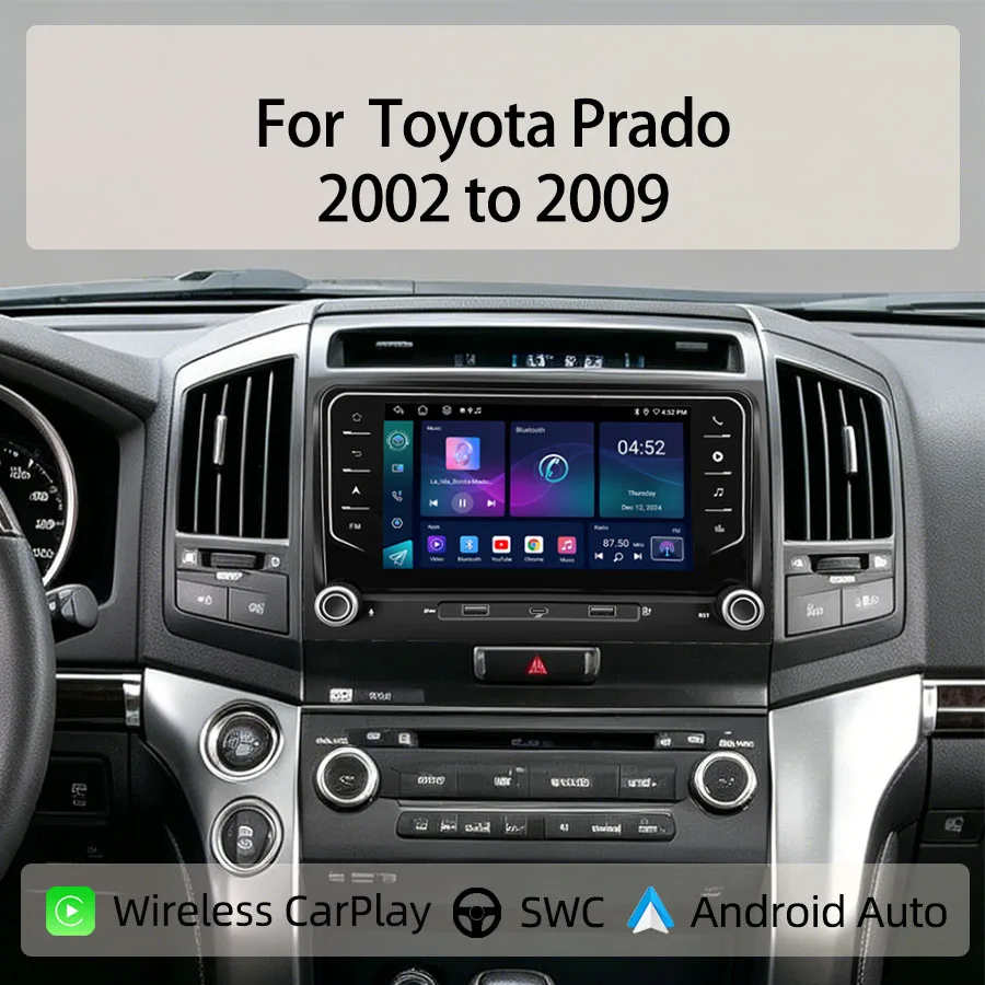 Фото 7-дюймовая автомобильная магнитола Android для Toyota Prado 2002-2009 годов выпуска с беспроводным CarPlay, Android Auto, GPS-навигацией, Bluetooth и управлением с руля №1