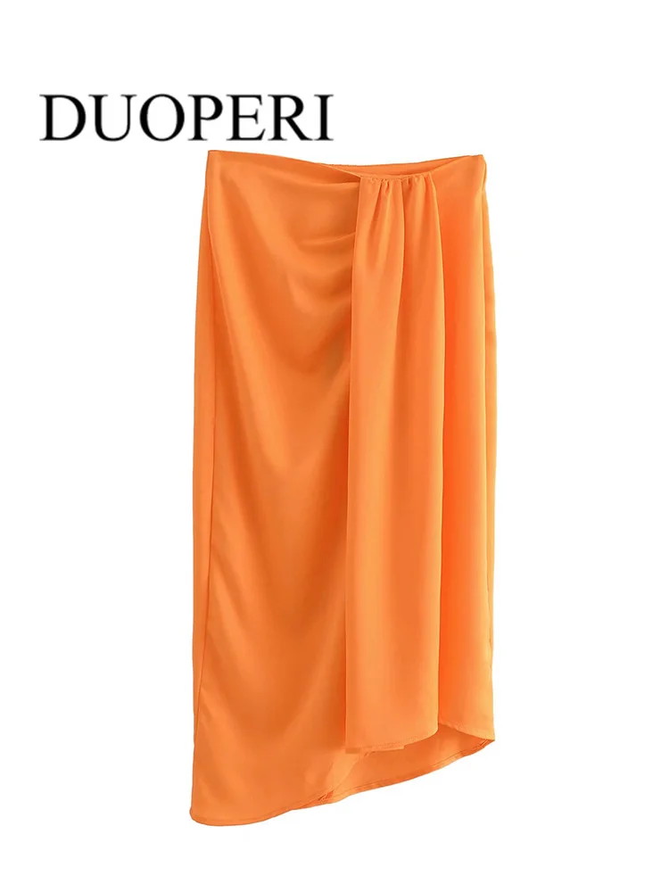 

DUOPERI Women Fashion Asymmetrical Pleated Skirt With Lace Back Slit Vintage High Waist Female Skirts Mujer