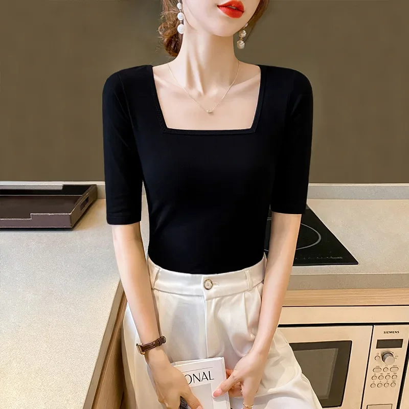 Женская футболка приталенного кроя из чистого хлопка с квадратным воротником и