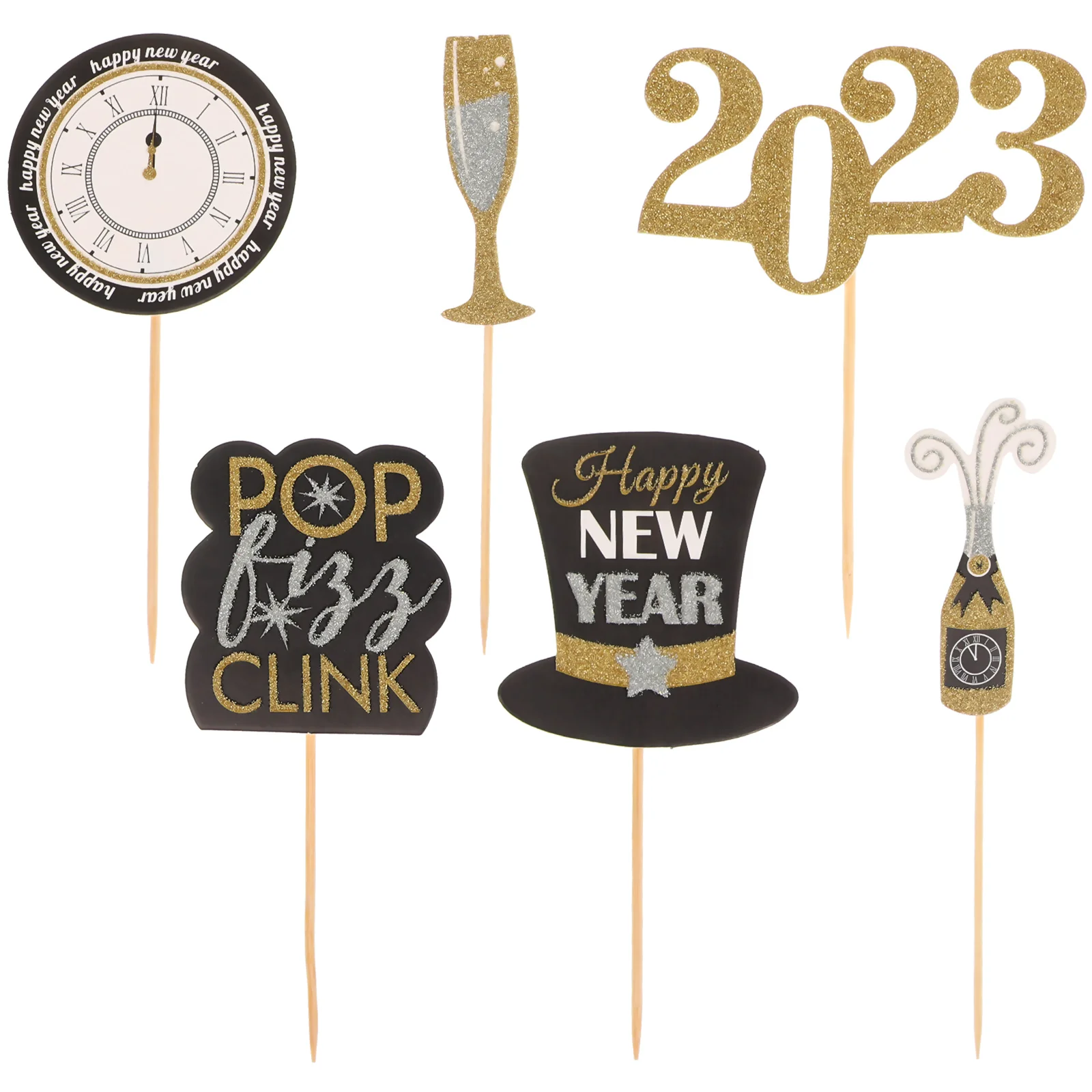 

New Year Picks Cake Dessert Black Eve Gold Party Graduation Cupcake Clock Countdown Decor Toothpick Glitter Cakes Decoration
