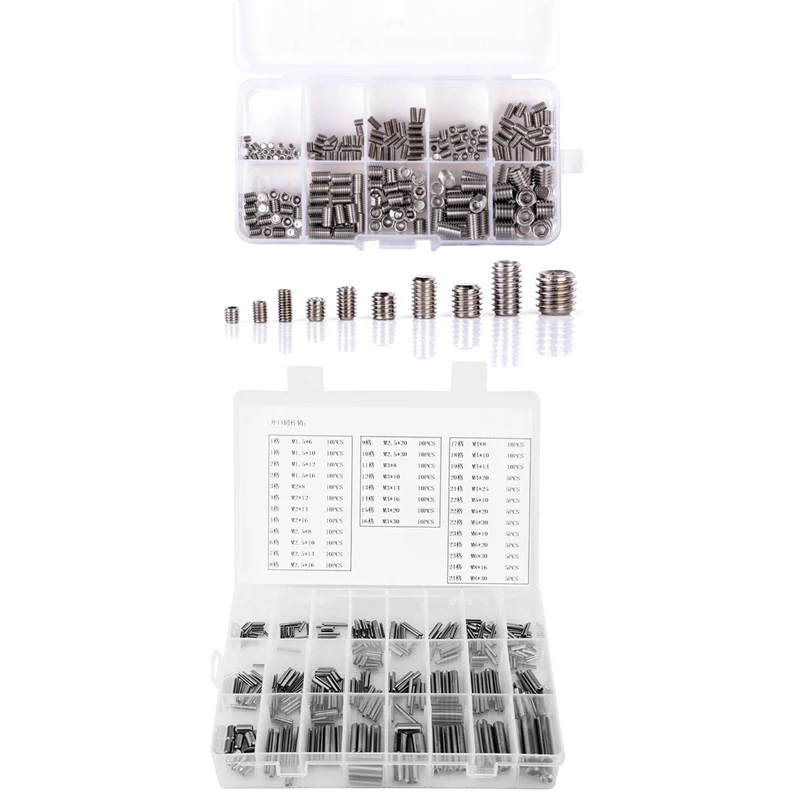

200 Pcs 304 Stainless Steel Grub Screws Hex Socket & 280 Pcs Spring Pin Tension Elastic Cylindrical Cotter Pins