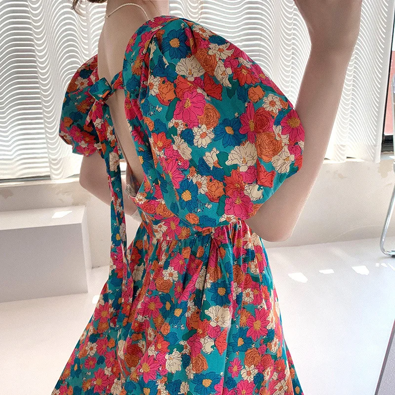 

Summer 2022 New High Waist A-line Strap Design Korean Version of Sweet Style Floral Dress Women