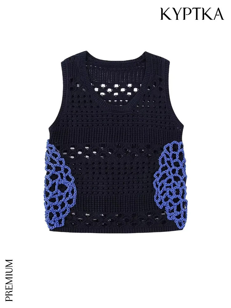 

KYPTKA Women Fashion Contrast Crochet Open Knit Vest Sweater Sexy Sleeveless O Neck Female Waistcoat Chic Tops
