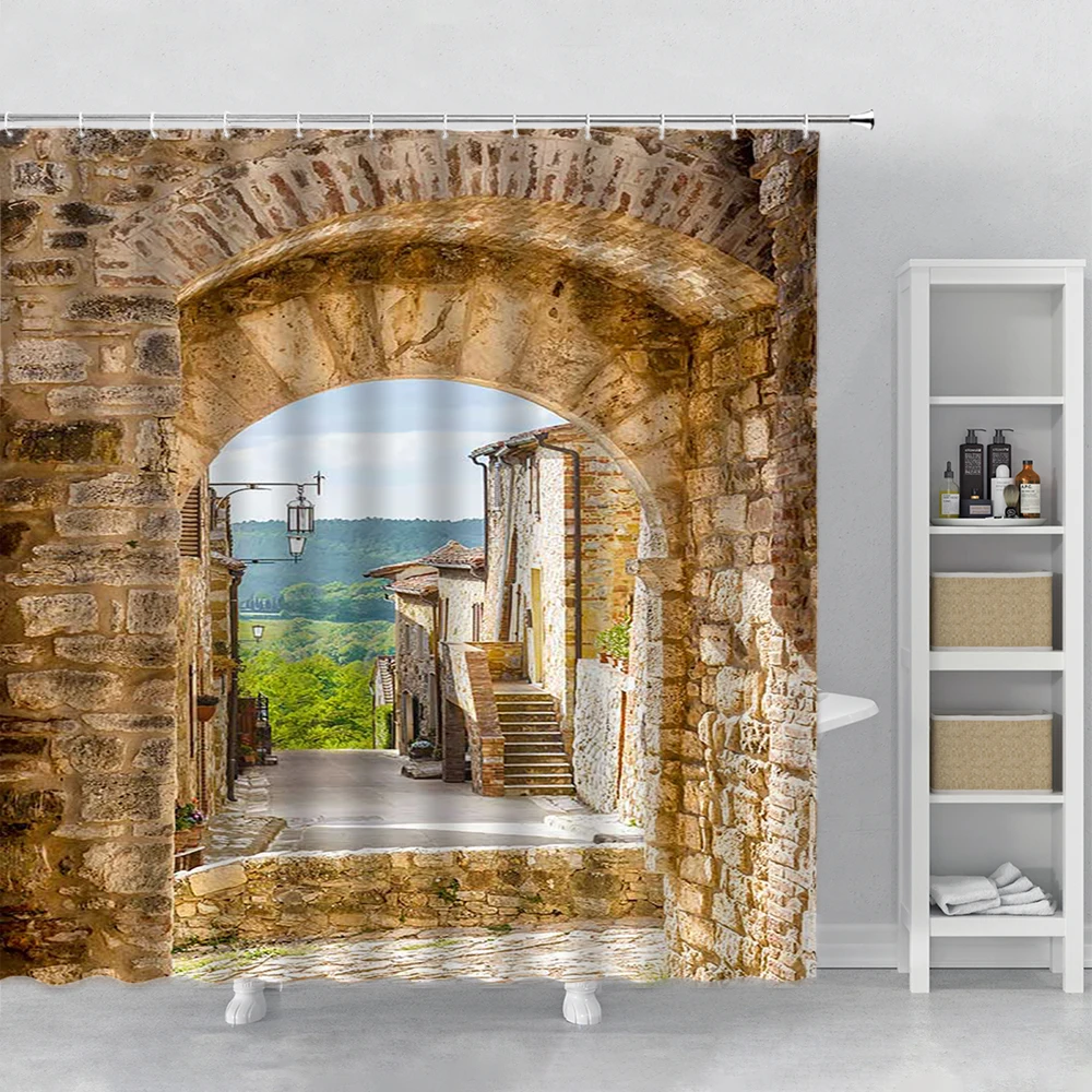 

Bathroom Decor European Building Shower Curtains Garden Patio Landscape with Hooks Bathroom Curtain Bath Curtains Bathtub Screen