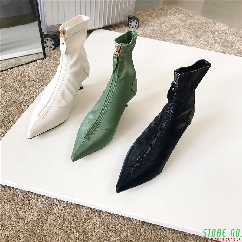 Женские атласные ботильоны с острым носком и молнией спереди дизайнерские