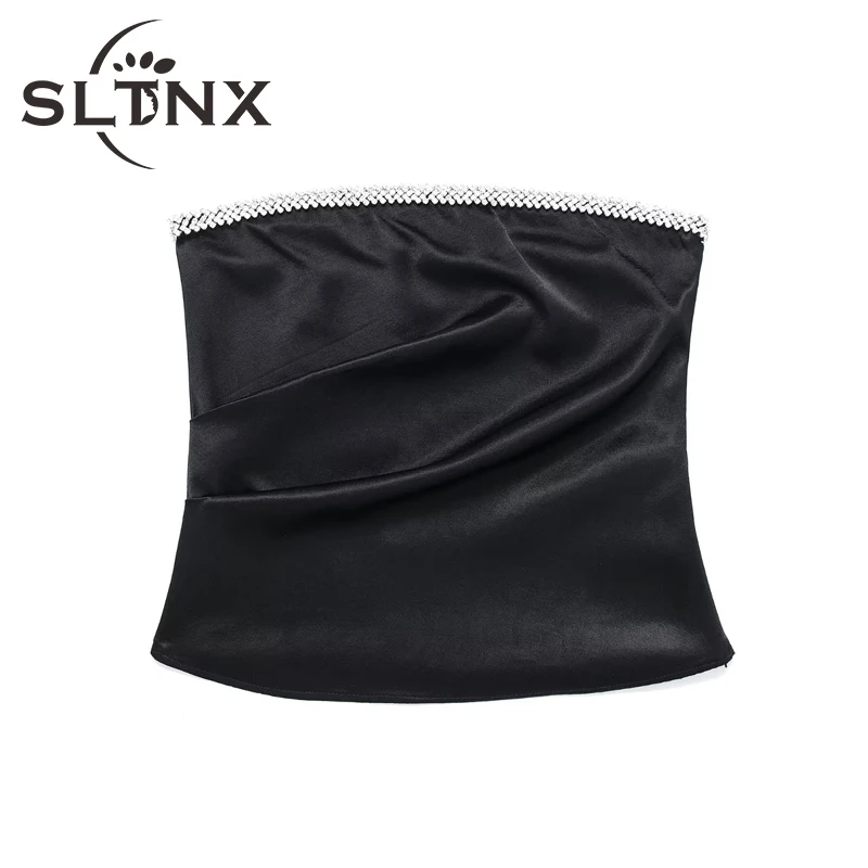 

SLTNX Women Fashion Silk Satin Short Top Female Solid with Diamond Folds Corset Tops Ladies Sexy Backless Tanks Tops Clothing