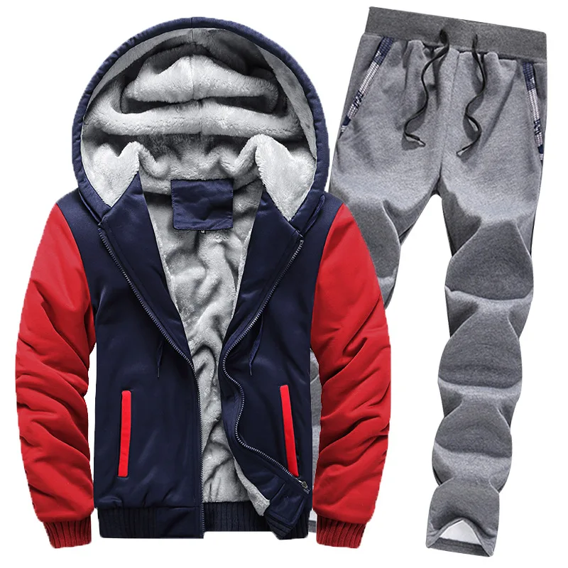 

2023 Tracksuit Men Winter Thick Inner Fleece Sets Mens Hat Casual Active Suit Men Zipper Man Outwear 2PC Jacket+Pants M-5XL