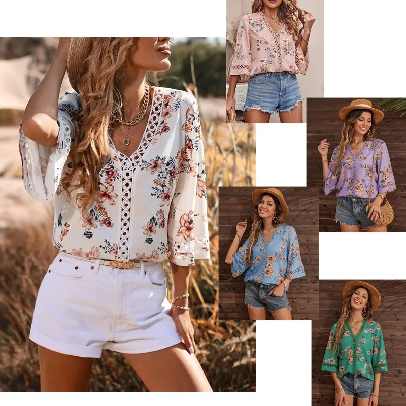 

fashion woman blouses 2022 European American summer new loose mid-sleeve V-neck print stitching lace flared sleeve top blouse