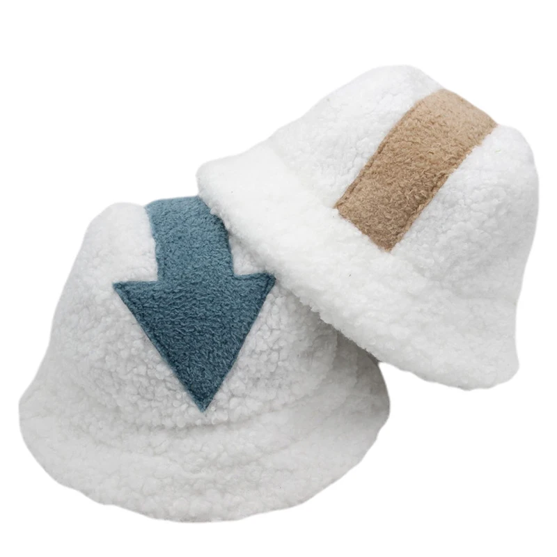 

2021 Winter Warm Fishing Caps Faux Fur Arrow Symbol Printed Bucket Hat Men Wool Hat Tide Flat Top Hats Hot Sale