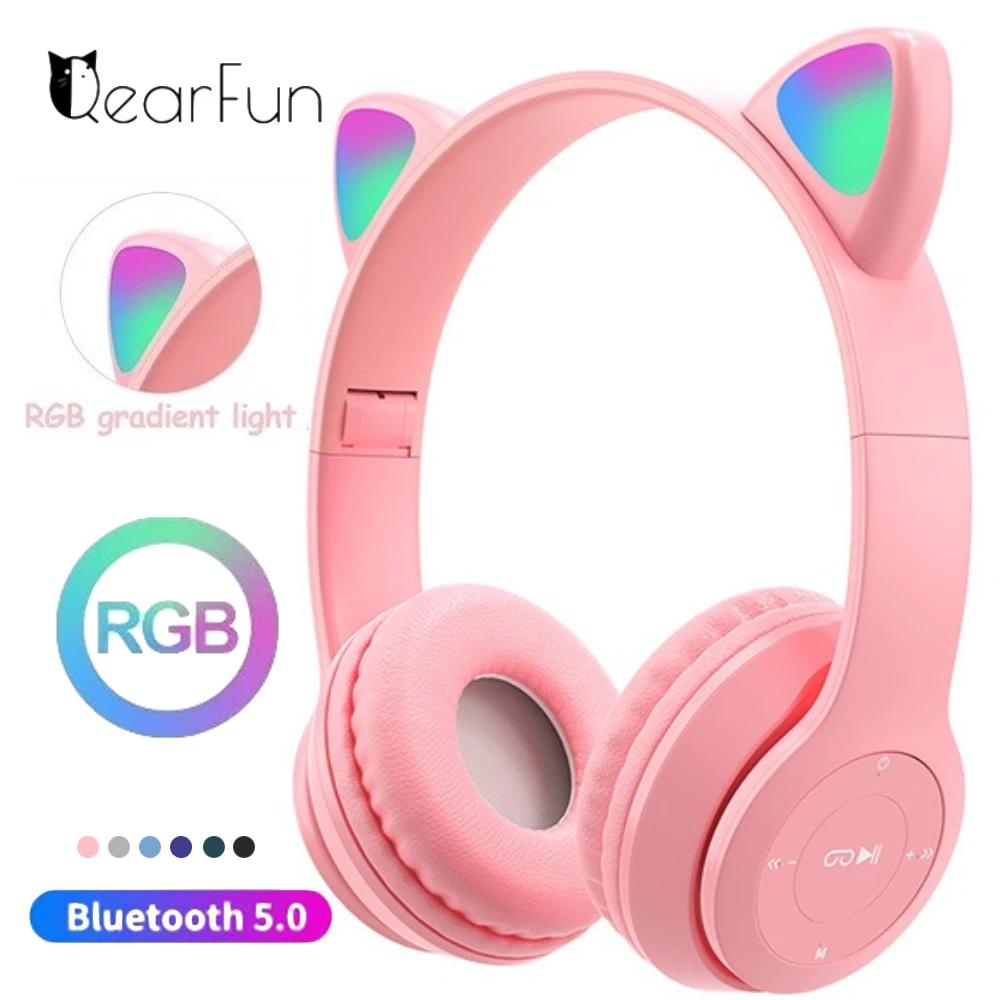 Auriculares inalámbricos para niña rosa, cascos RGB con orejas de gato y...