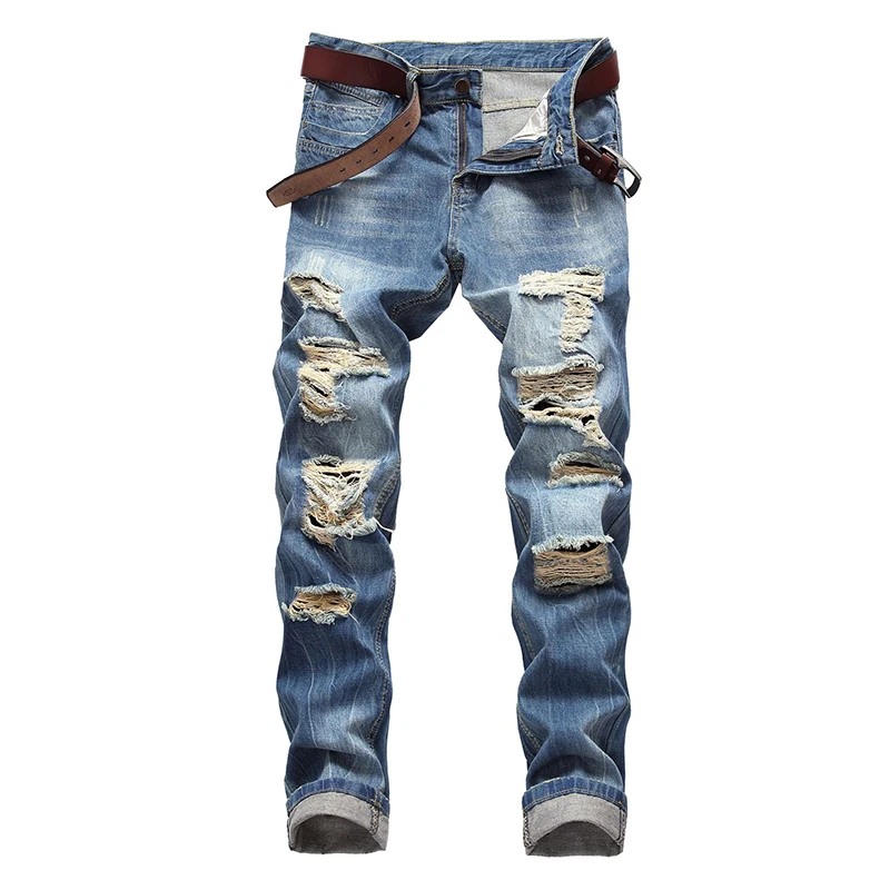 

Designer Denim Jean For Men Vintage Straight Hole Cool Trousers Guys Europe America Street Style Big Plus Size Ripped Pants
