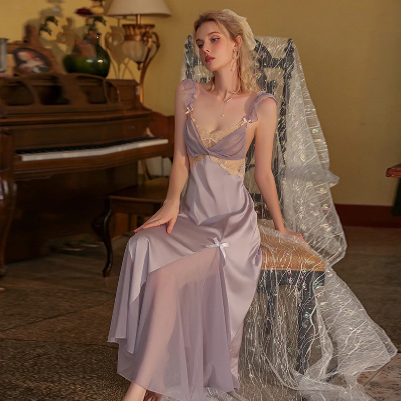 Female Nightgown Elegant Palace Style Lovely Fairy Long Nightgown Sleepwear Can Be Worn Outside Sleepshirt Satin Silk Home Dress