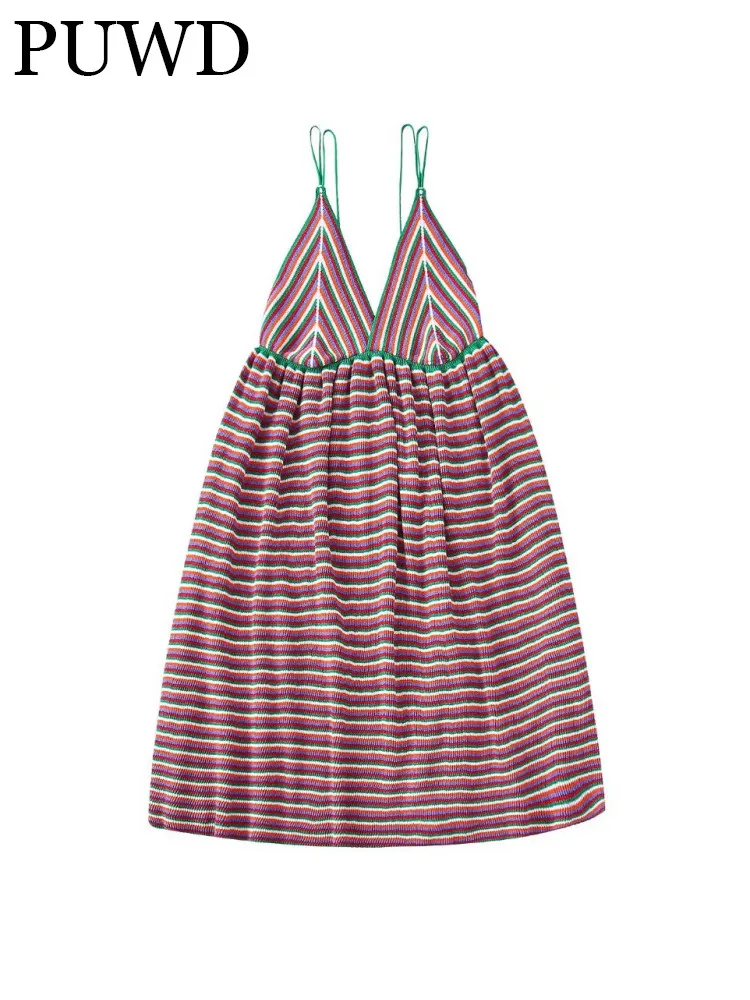 

PUWD Women Striped Thread Weaving Girly Elegant Sweet Beauty Street Style Comfortable And Loose Leisure 2022 Summer Female Dress