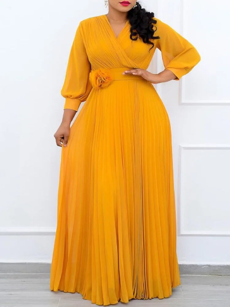 

2022 Women Long Dresses Pleated A Line Slim Fit Dress Elegant Spring Fall Fashion Big Size 4XL 5XL Night Party Birthday Outfits
