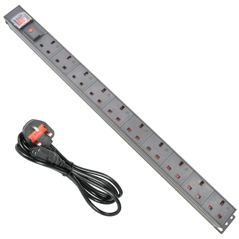 

PDU 1U Network Cabinet Rack Power Strip Distribution Outlet 10 Units UK Socket Switch C13 Interface