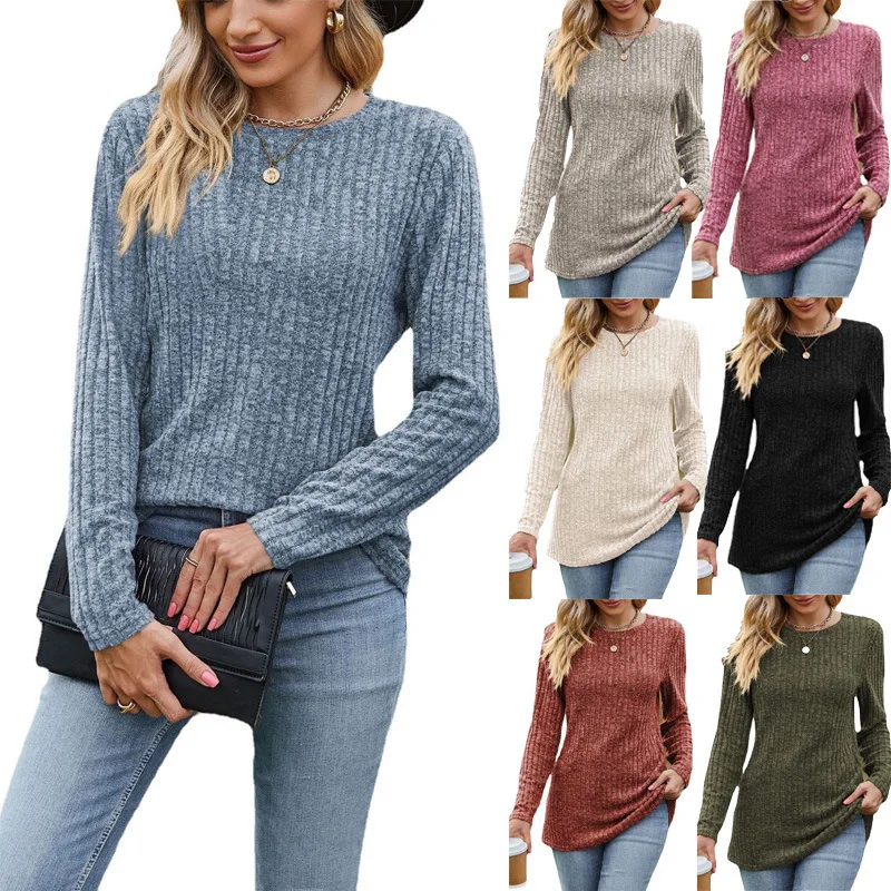 

Autumn 2023 New Womes Round Neck Sweater Sanding Pit Solid Color Top Long Sleeve Pullover