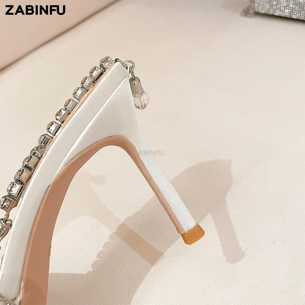 Rhinestone Women High Heels 2023 Summer Luxury Silk Pointed Toe Crystal Chain Ankle Strap Women Sandals Party Dress Stiletto