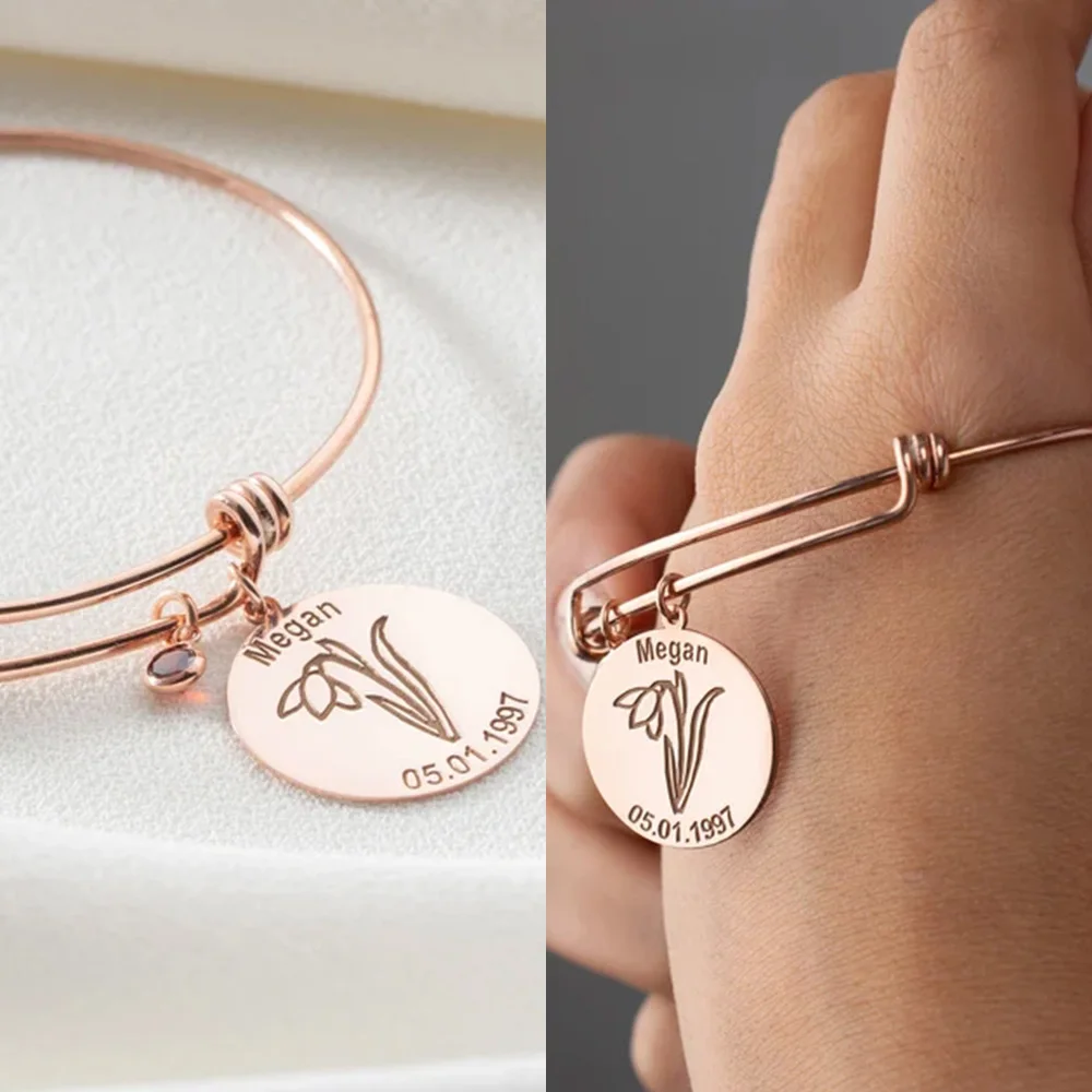 

Jewelry Sculpture Name Bracelet for Women Classic Stainless Steel Flower Pendant Adjustable Bracelet Birthstone Birthday Present