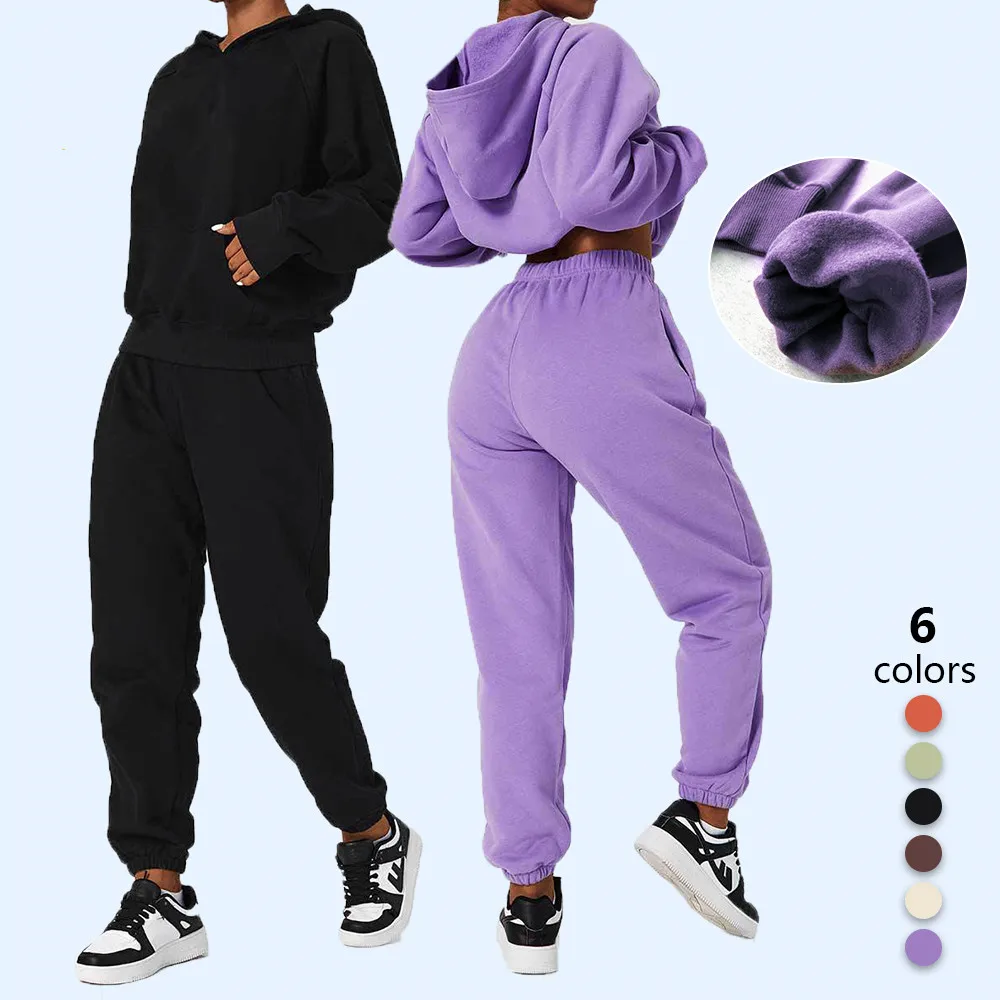 Fall Winter Women Sportswear Hip Hop With Fleece Front Pocket Loose Hoodies And Jogger Suits Training Wear Set
