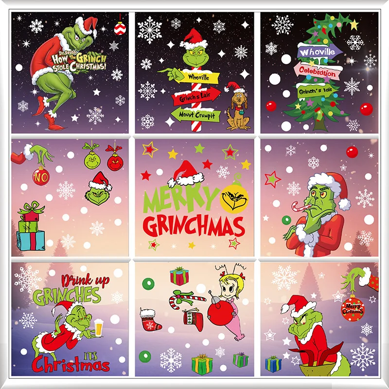 

New style Disney Christmas Creative cartoon Green hair monster Shop window glass Cars DIY Stickers Children's Christmas gifts