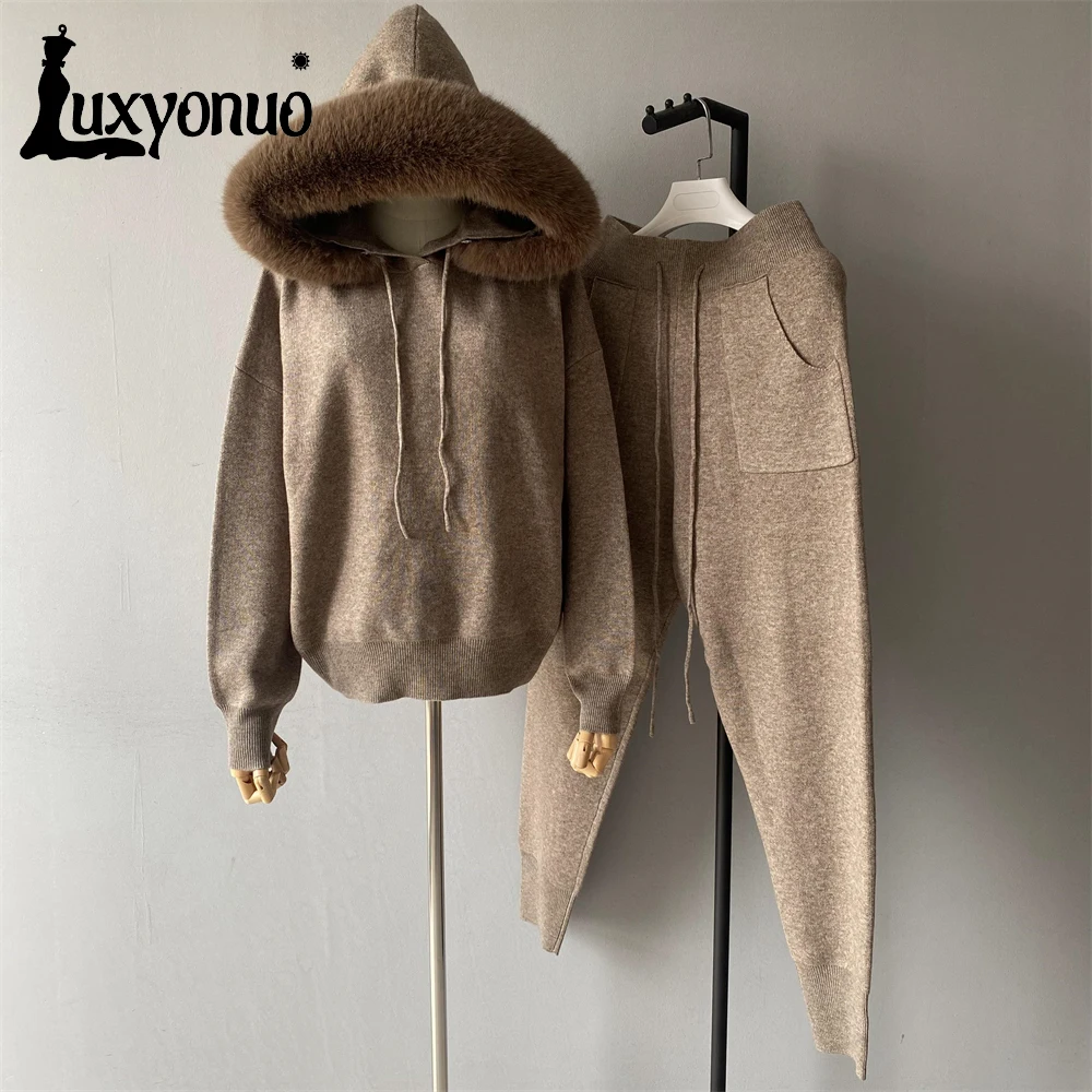 Luxyonuo женский комплект свитера с воротником из искусственного меха осенний