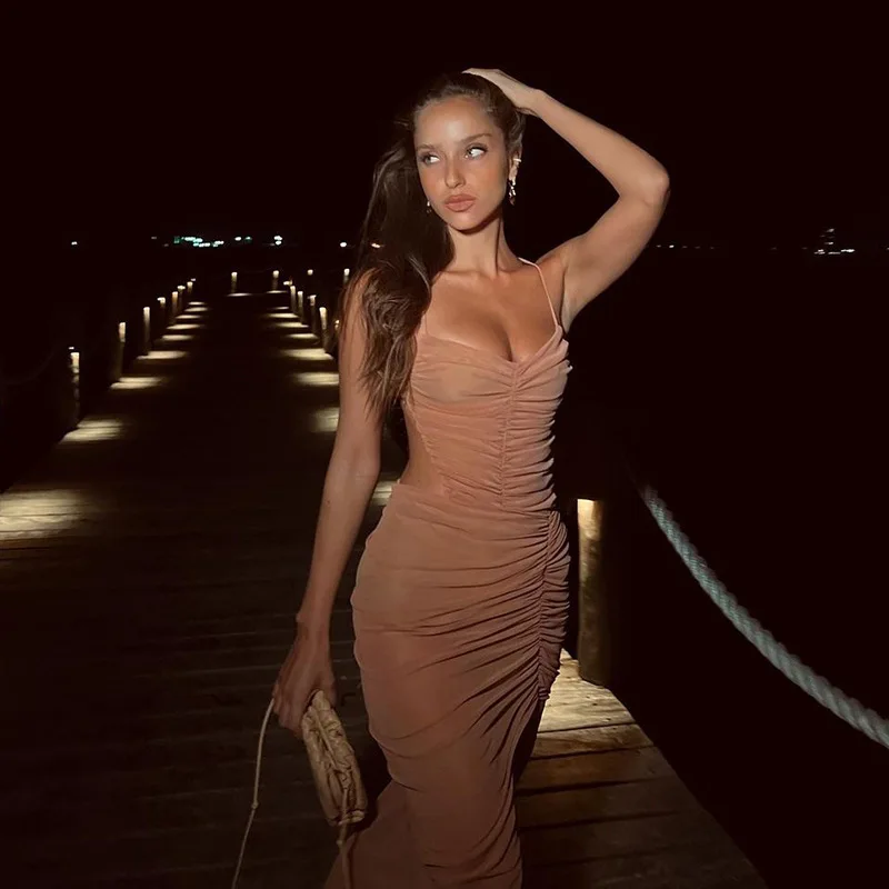 

2023 Summer New Solid Maxi Dress Elegant Ruched Mesh Sheer Slit Outfits for Women Sleeveless Club Slip Long Gown Dresses Clothes