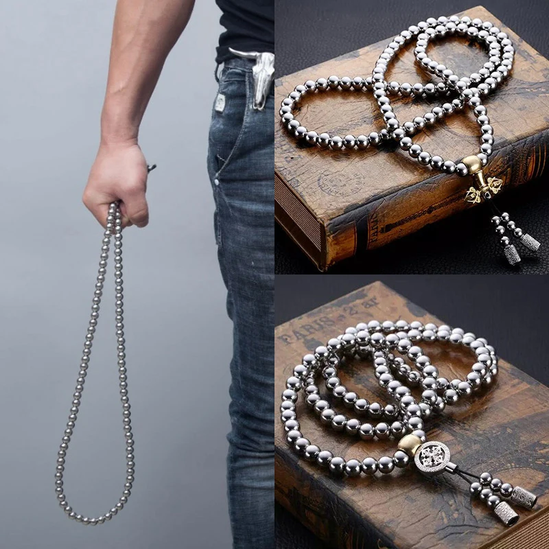

Tactical 10MM Steel Chain Buddha Beads Self Defense Hand Bracelet Necklace EDC Outdoor Tools Self Protection Survival